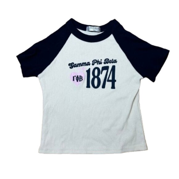 Gamma Phi Beta Sorority Baseball Style Contrast Baby Tee T Shirt Top Size Small - Picture 1 of 5